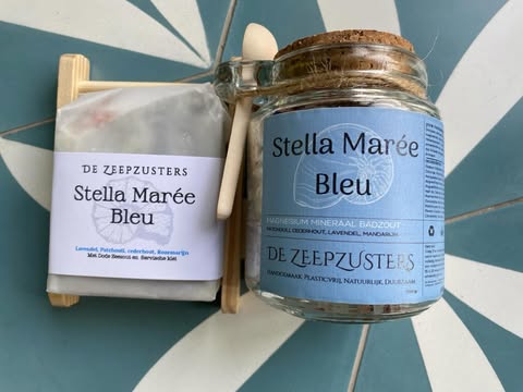 Pakket Stella Marée Bleu zeep en houder + Magnesium Mineraal Badzout