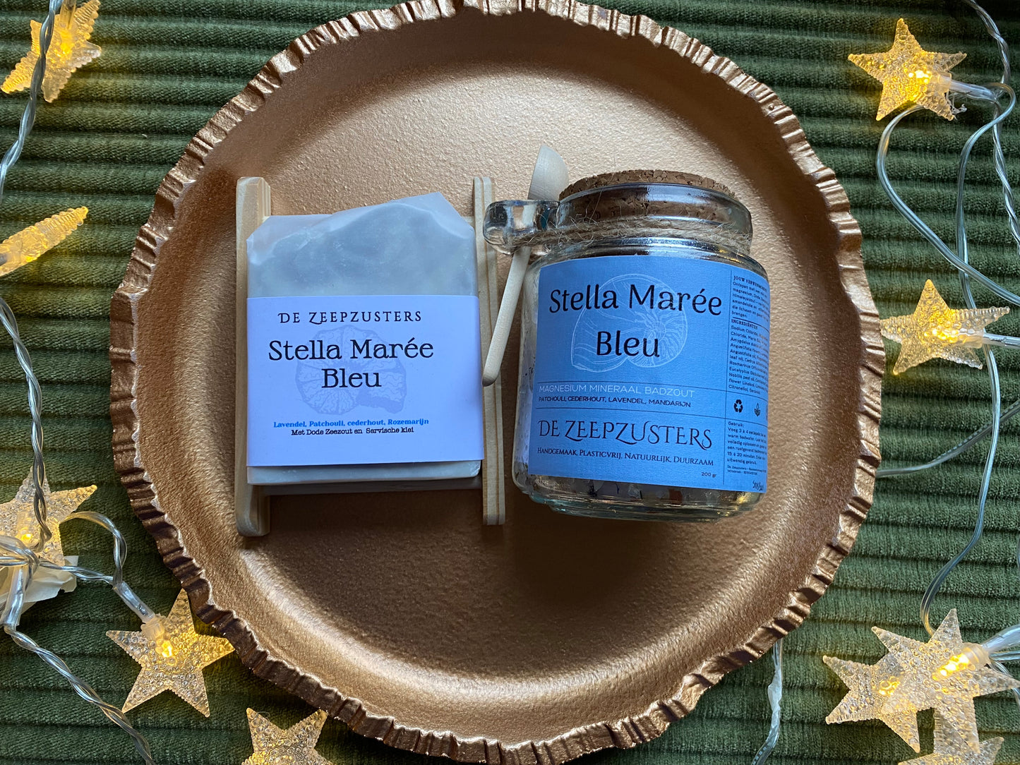 Pakket Stella Marée Bleu zeep en houder + Magnesium Mineraal Badzout